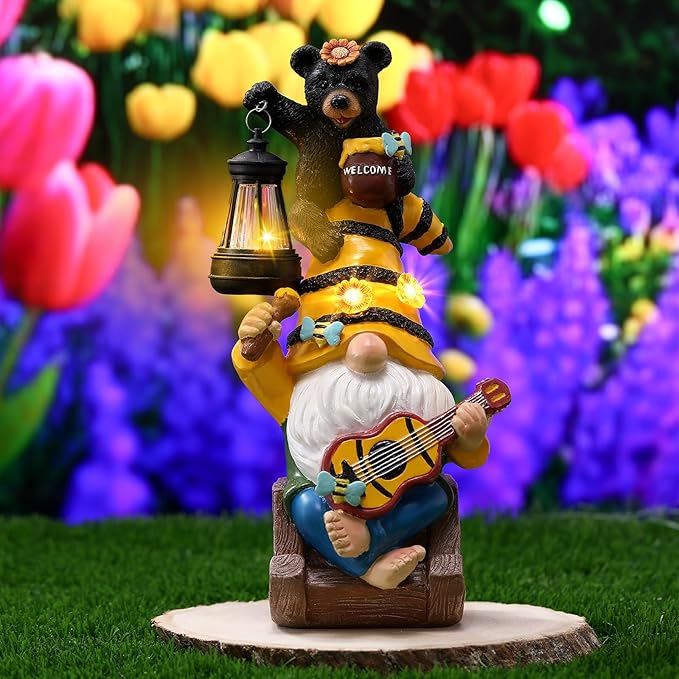 Gerrii Bee Gnome Solar Statue with LED Lantern Spring Garden Outdoor Resin Figurine Gifts for Women Mom Weatherproof Stacked Bear Bee Gnome Light Ornament for Porch Patio Lawn Entryway Welcome