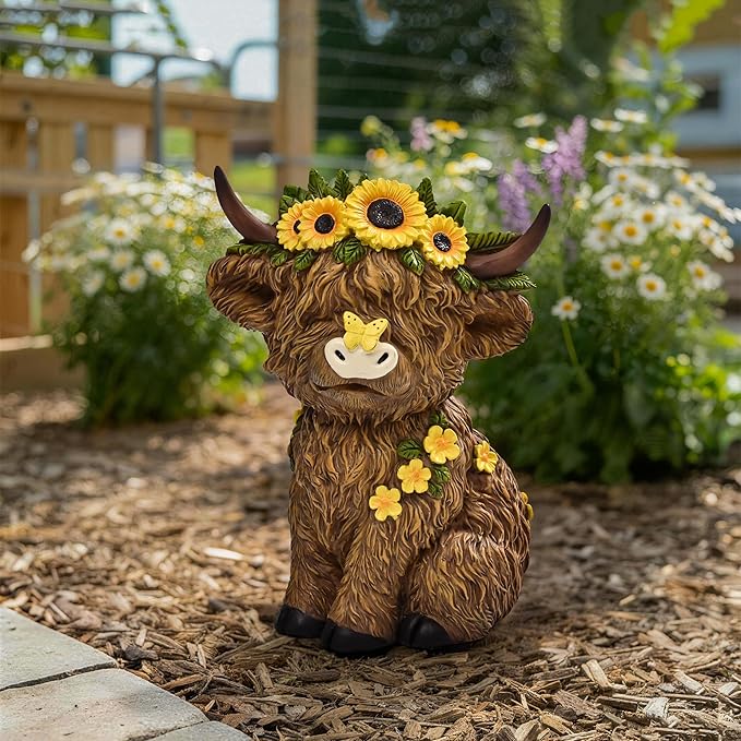 TISEJOY Highland Cow Decor 8", Highland Cow Statues for Garden Decor, Outdoor Indoor Table Desk Decor, Garden Statues for Patio Yard Lawn Windowsill and Backyard, Garden Gifts for Mom, Friends