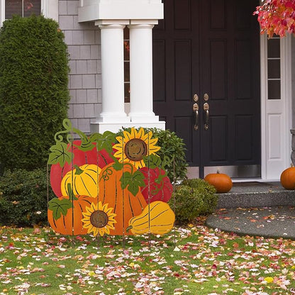 Glitzhome 41.75" H Fall Pumpkin Patch Combo Yard Stake, Metal Thanksgiving Pumpkins Sunflower Yard Signs, Decorative Pumpkin Garden Stake for Home Fall Autumn Harvest Halloween Patio Lawn Decor