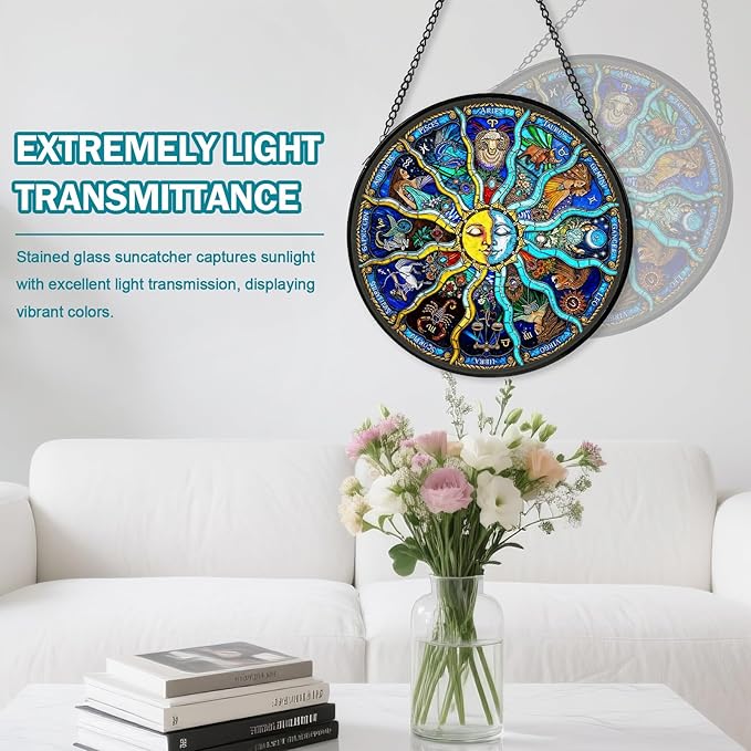 Sun and Moon Stained Glass Window Hanging, Suncatcher for Window Hanging, Sun Catchers Indoor Windows Wall Art for Mom Grandma, Gothic Moon Witchy Suncatcher for Home Garden Office 7.87 inches