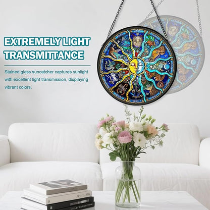 Sun and Moon Stained Glass Window Hanging, Suncatcher for Window Hanging, Sun Catchers Indoor Windows Wall Art for Mom Grandma, Gothic Moon Witchy Suncatcher for Home Garden Office 7.87 inches