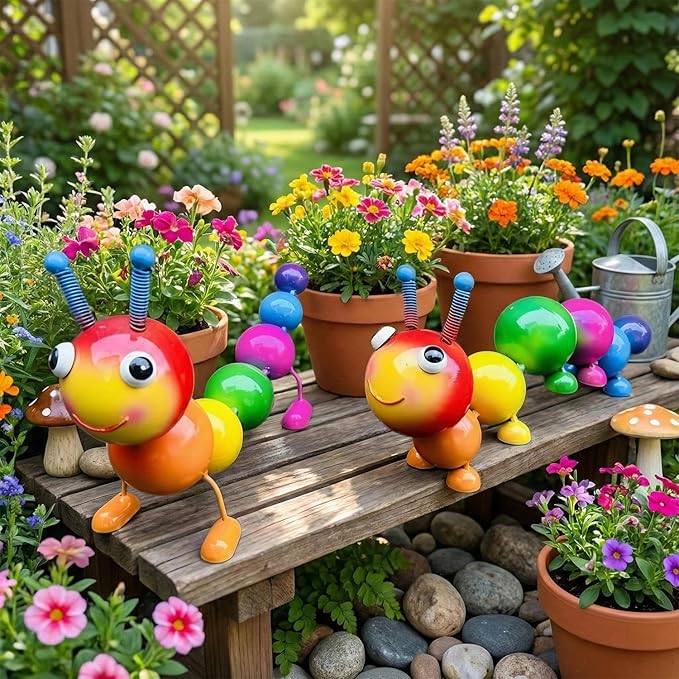 2 PackCute Caterpillar Metal Garden Statues Outdoor Art, Colorful Insect Lawn Ornaments for Backyard Patio Decorations, Funny Animal Yard Decor Gifts for Women Mom