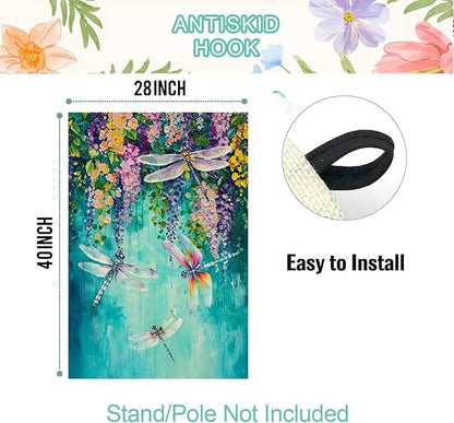 Baccessor Spring Summer Floral House Flag Double Sided 28x40 Inch Burlap,Wisteria Dragonfly Flowers Welcome Large Garden Flag Porch Patio Front Yard Seasonal Farmhouse Outside Outdoor Decor
