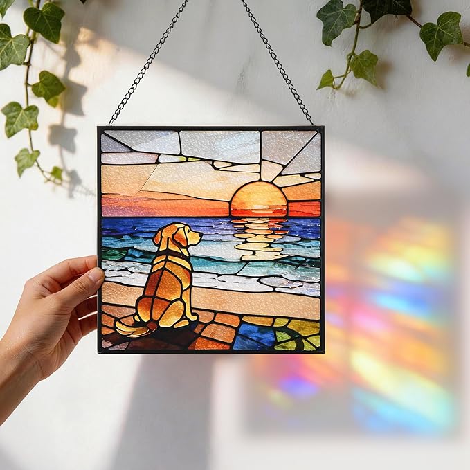 Hanging Stained Glass for Window Dog Suncatcher, Sun Catchers for Outdoor Decoration, Golden Retriever Garden Decor, Gifts for Women, Lovers, Couple, Friend, Bestie