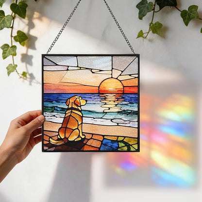 Hanging Stained Glass for Window Dog Suncatcher, Sun Catchers for Outdoor Decoration, Golden Retriever Garden Decor, Gifts for Women, Lovers, Couple, Friend, Bestie