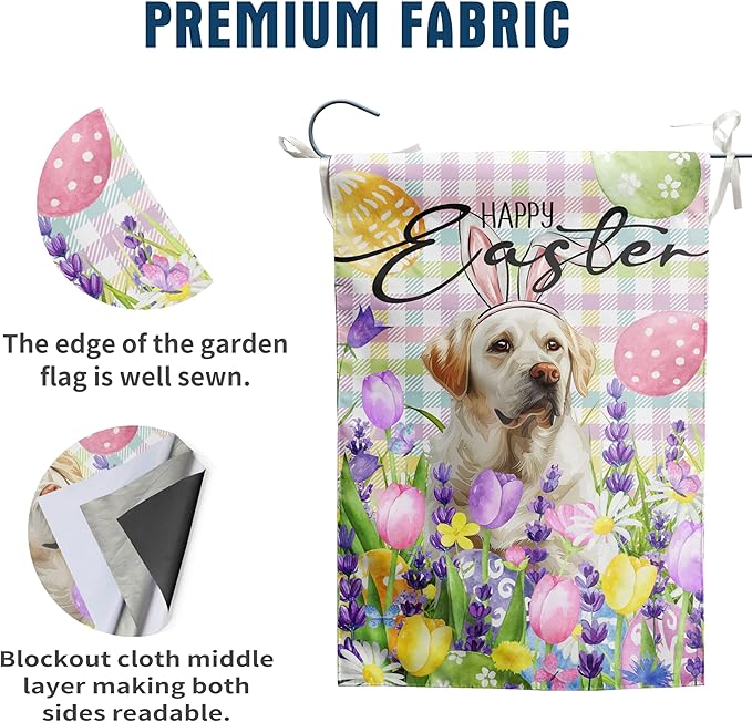 Happy Easter Labrador Dog Garden Flag White Lab Spring Flags Buffalo Plaid Bunny Eggs Yard Flag for Outside 12x18 Double Sided Small Decorative Floral Outdoor Flag