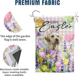 Happy Easter Labrador Dog Garden Flag White Lab Spring Flags Buffalo Plaid Bunny Eggs Yard Flag for Outside 12x18 Double Sided Small Decorative Floral Outdoor Flag