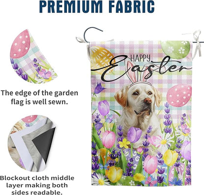 Happy Easter Labrador Dog Garden Flag White Lab Spring Flags Buffalo Plaid Bunny Eggs Yard Flag for Outside 12x18 Double Sided Small Decorative Floral Outdoor Flag