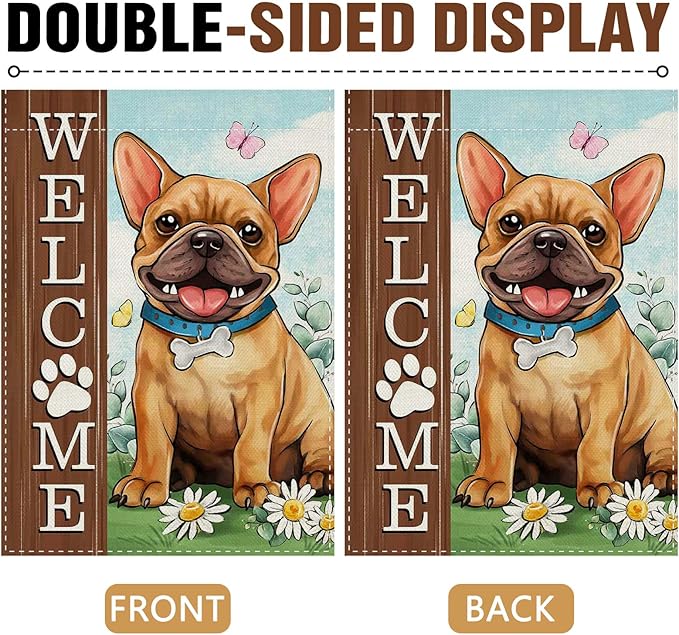 Dyrenson Welcome French Bulldog Dog Decorative Garden Flag, Paw Print Yard Outside Home Decorations Pet Lover Gifts, Spring Summer Burlap Outdoor Small Decor Double Sided 12 x 18