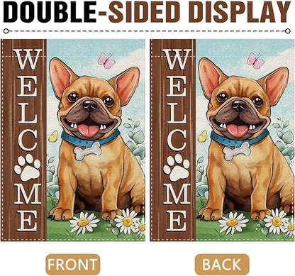 Dyrenson Welcome French Bulldog Dog Decorative Garden Flag, Paw Print Yard Outside Home Decorations Pet Lover Gifts, Spring Summer Burlap Outdoor Small Decor Double Sided 12 x 18