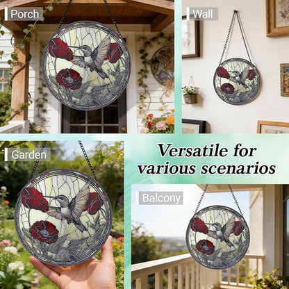Stained Glass Window Hanging - 6.3 Inch Hummingbird Red Flower Suncatcher, Bird Suncatchers for Window Home Door Wall Garden Outdoor Decor and Birthday, Hummingbird Gifts for Adults Women Men Mom