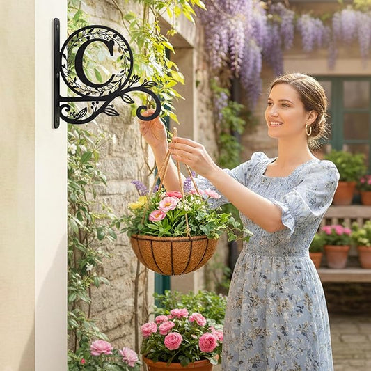Metal Initial Letter C Plant Hanger Bracket, Decorative Wall Mount Hanging Plant Hook, Monogram Floral Leaf Garden Decor for Hanging Baskets, Bird Feeders, Lanterns, Wind Chimes