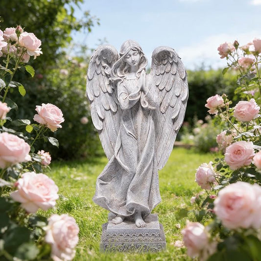 basen Praying Angel Garden Statue, Outdoor Memorial Angel Figurine for Garden Yard Lawn Patio, Resin Angel Sculpture Decoration for Grave Memorial, Cemetery Ornament Sympathy Gift