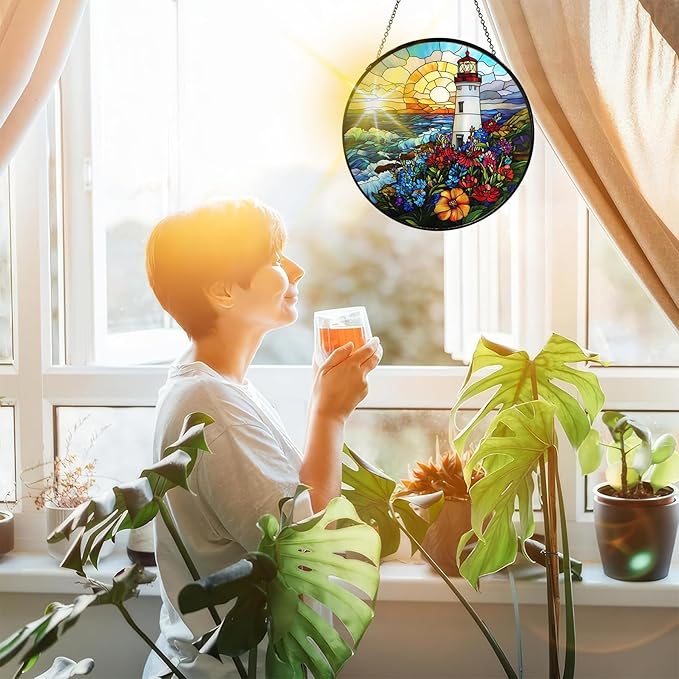 Bimkole Lighthouse Stained Glass Suncatcher Window Hanging - Landscapes Design for Indoor Window or Doorway Decoration - 7.87x7.87 inch with Chain and Hook - Unique Home Decor Gift