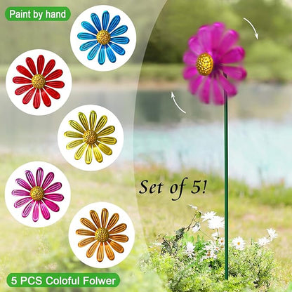 Wind Spinners Garden Decor,5 Pack Colorful Daisy Garden Stakes for Outdoor Decorations,Metal Wind Spinner Yard Stake for Patio,Lawn