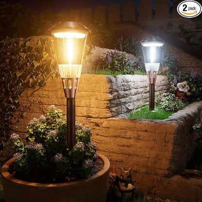 BITPOTT 2-in-1 Warm&Cool Solar Pathway Lights Outdoor, 2 Pack Solar Garden Lights Waterproof IP65, Auto On/Off Outdoor Light for Yard Garden Walkway Landscape Lighting