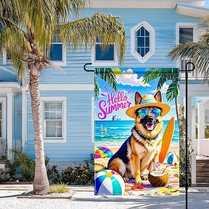 HOMETITUTE Hello Summer Beach Garden Flag German Shepherd Dog Tropical Beach Flag 12x18 Inch Double Sided Yard Small Summer Flag For Outside Holiday Seasonal Outdoor