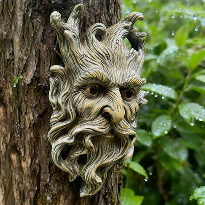 Tree Face Garden Statues Outdoor Decoration Clearance, Whimsical Old Man Face for Tree Hugger Sculpture, Wallmount Statue Fairy Art with Beard, Yard Fence Hanging Decor, 6.9" x 2.8" x 9.8"