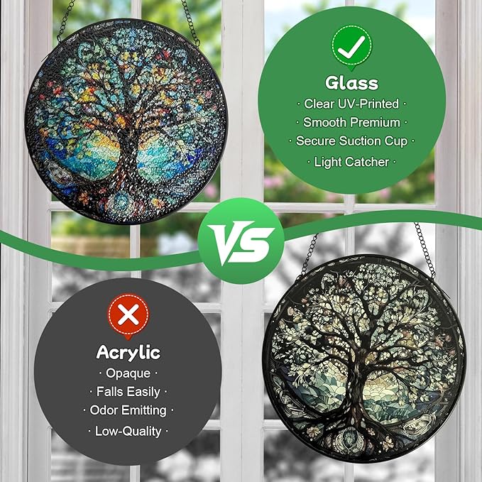 Stained Glass Window Hanging, Tree of Life Suncatcher Glass Panel Decor, Light Catcher Ornament Decoration for Outdoor Indoor Garden Porch Patio, Birthday Housewarmin Gift for Women Men Mom, 7.8 Inch
