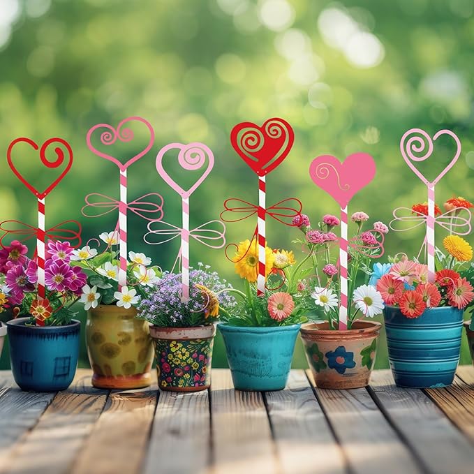 6 Pcs 14.6" Valentine's Day Metal Yard Stakes Large Metal Heart Garden Stakes Red Pink Planter Sign for Valentines Day Flower Pot Porch Patio Walkway Lawn Outdoor Decoration