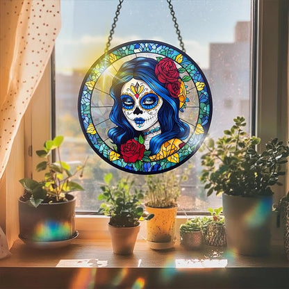 VAIIEYO Skull Women Acrylic Sun Catcher Window Hanging Decoration, 7.8 Inch Double-Sided Light Reflecting Ornament for Window, Garden, Porch or Balcony Decor, Housewarming, Gift for Natural Lovers