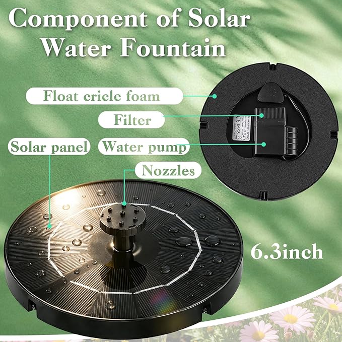 DDcafor Solar Fountain for Bird Bath,3.5W Solar Powered Water Fountain Pump with 6 Nozzles Floating Solar Water Pump for Birdbath,Small Pond Garden Outdoor Water Feature