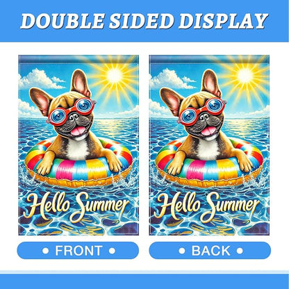 HOMETITUTE Hello Summer Garden Flag French Bulldog 12x18 Vertical Double Sided Pool Party Welcome Summer Yard Garden Flag Seasonal Holiday Outdoor Decorative Flag for Patio Lawn
