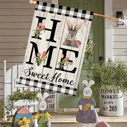 ORTIGIA Easter Bunny House Flag Double Sided 28x40 Inch Burlap Rabbit Spring Tulip Home Sweet Home Large Flag for Yard Holiday Seasonal Outdoor Outside Porch Decoration