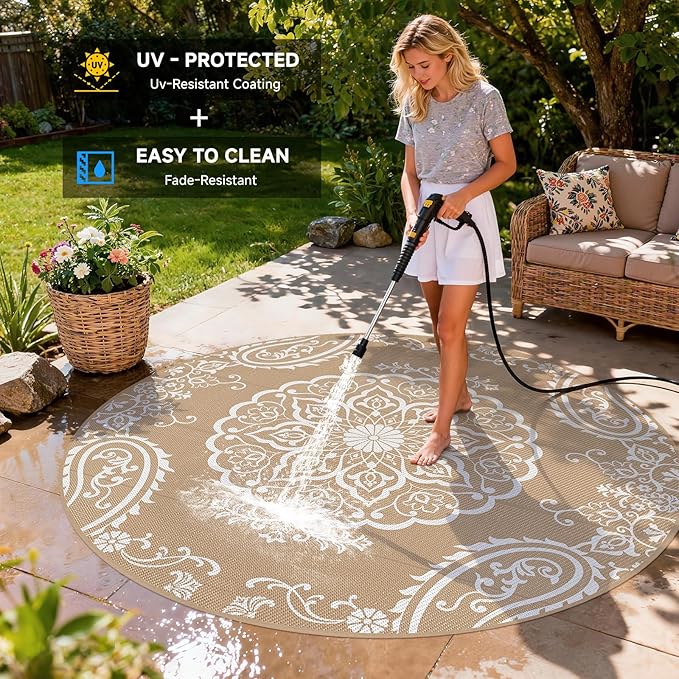Pauwer Waterproof Outdoor Rug 8ft, Reversible Plastic Straw Patio Camping Rug, Indoor Outdoor RV Mat Carpet for Deck, Camper, Porch, Balcony, Backyard, Picnic, Boho Brown