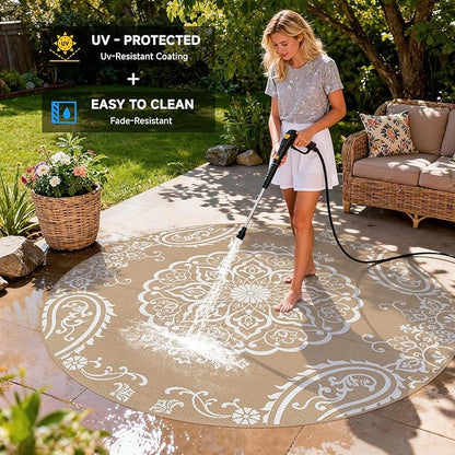 Pauwer Waterproof Outdoor Rug 8ft, Reversible Plastic Straw Patio Camping Rug, Indoor Outdoor RV Mat Carpet for Deck, Camper, Porch, Balcony, Backyard, Picnic, Boho Brown