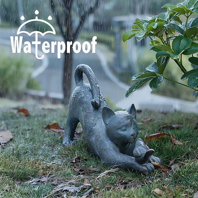 Cat Garden Statues Outdoor Cat-Figurines - Home Garden Decor 16 x 6 x 9.5 inch Resin Cats & Bird Playing Sculpture Statue for Farmhouse Outside Backyard Lawn Gift for Kitten Lovers Newman House Studio