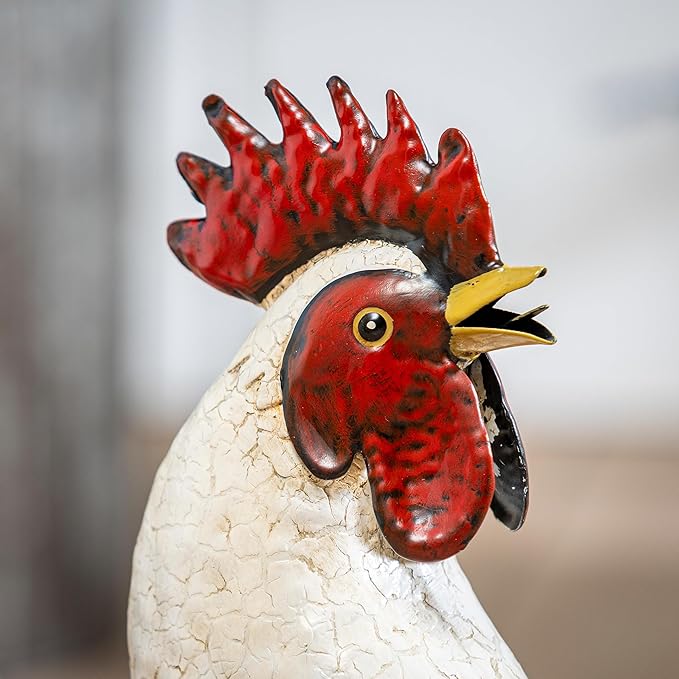 Evergreen Garden 14" Light Rooster Metal Animal Statues, Garden Decor Metal Yard Art for Lawn Backyard Party Wedding Decoration
