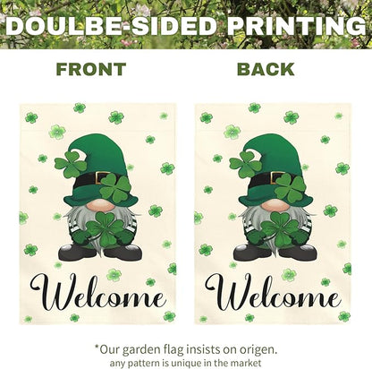 St Patrick’s Day Garden Flag 12x18 Inch Welcome Gnome with Shamrocks Double Sided Outdoor Yard Flags Irish Clover Decorations for Spring Porch Patio Lawn Farmhouse Seasonal Holiday Décor