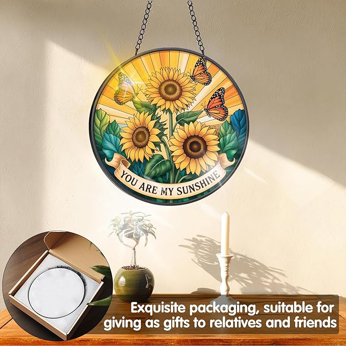 VAIIEYO Sunflower Sun Catcher Stained Glass Window Hanging Ornament, Handmade Sun Catcher Flower Decoration with Hooks for Window Garden Home, Mother's Day & Birthday Housewarming Gift (7.8 inch)
