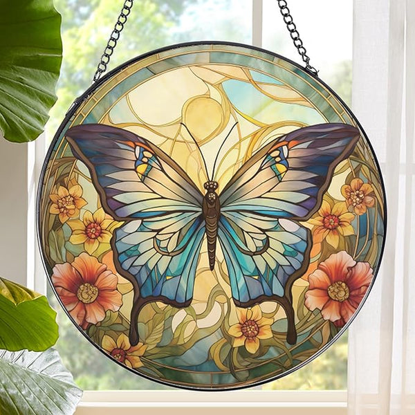 Rngmsi Butterfly Stained Glass Window Hanging Decor, 7.8″ Sun Catchers Stain Glass Window Hanging Indoor, Flower Suncatcher with Hook Home Wall Art Gift for Thanksgiving Christmas Housewarming