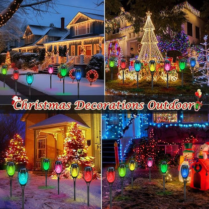 IkeeRuic 12Pack Christmas Yard Decorations, Multicolor Christmas Solar Lights for Outside Decor, LED Solar Flame Lights Outdoor for Xmas Decor, Waterproof Luces Solares for Yard Patio Garden Pathway