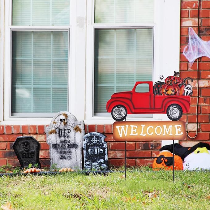 Whaline Valentine's Day Metal Yard Stakes Easter Welcome Interchangeable Garden Stake Red Truck Decor Set with Seasonal Sign Loads, Set of 9