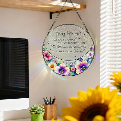 8” Stained Glass Suncatcher Ornament – Floral Retirement Window Hanging Decorations, Retirement Gifts & Retired Gifts for Women, Men, Friends, Coworkers, Teachers - Style C