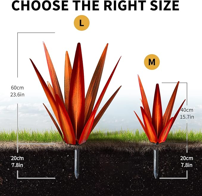 KODIBO Large Tequila Rustic Sculpture, Rustic Metal Agave Plants for Outdoor Patio Yard, Home Decor Hand Painted Garden Yard Statue, Lawn Ornaments Yard Stakes (Red - L)