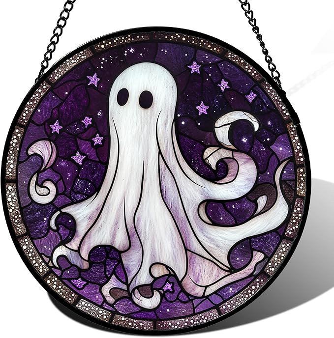DASTOLL Stained Glass Window Hanging - Halloween Decorations White Ghost Purple Stars Suncatcher for Doors Garden Spooky Funny Sun Catchers Gothic Decor Horror Gifts for Women Men Friend 15 in
