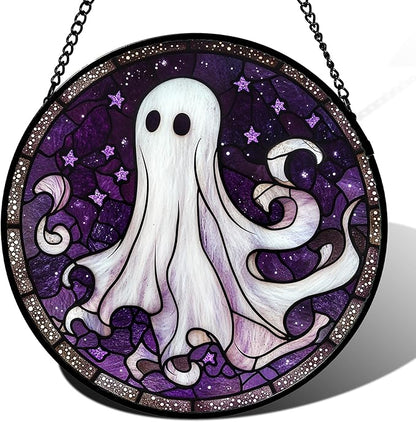 DASTOLL Stained Glass Window Hanging - Halloween Decorations White Ghost Purple Stars Suncatcher for Doors Garden Spooky Funny Sun Catchers Gothic Decor Horror Gifts for Women Men Friend 6.3 in