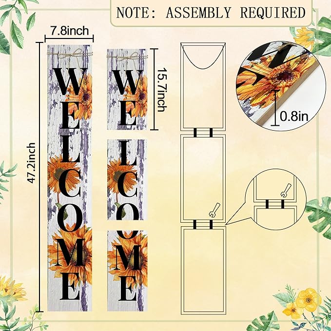 Sunflower Welcome Porch Sign Decor Summer Wooden Hanging Sign Door Porch Standing Decorative Signs Plaques for Front Door Farmhouse Outdoor Indoor Welcome Sign Wall Craft Decor 47.2"H
