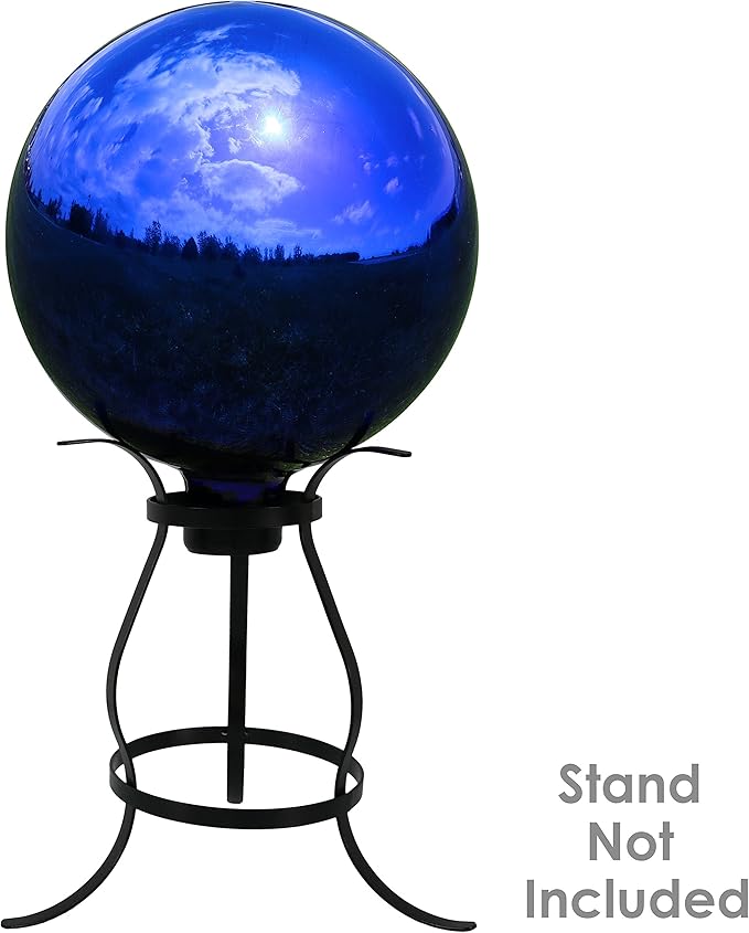 Sunnydaze 10-Inch Gazing Ball for Garden - Glass Gazing Globe with Mirrored Stainless Steel Finish - Blue
