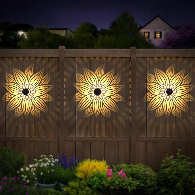 Hapjoy Solar Fence Lights 4 Pack Solar Deck Lamps Outdoor Decorations Powered Step Lights Wall Waterproof LED Warm Decorative Lighting for Garden (Flower, 4)