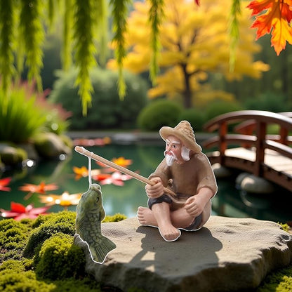Miniature Fisherman Figurines,Fishing Old Man Ornament Chinese Mudman Sitting Garden Statue Ornament, Outdoor Statues, Garden Sculptures and Statues, Outdoor Décor