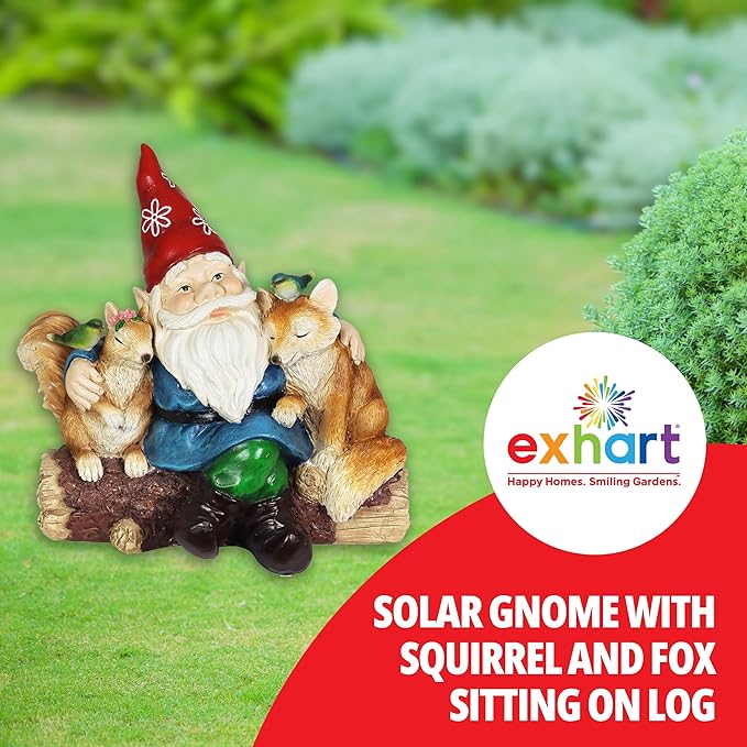Exhart Garden Gnome, Solar Squirrel and Fox Friends Garden Sculpture, LED Birds, Outdoor Lawn and Yard Decoration, 14 x 8 x 13.5 Inch, Multicolor, Resin