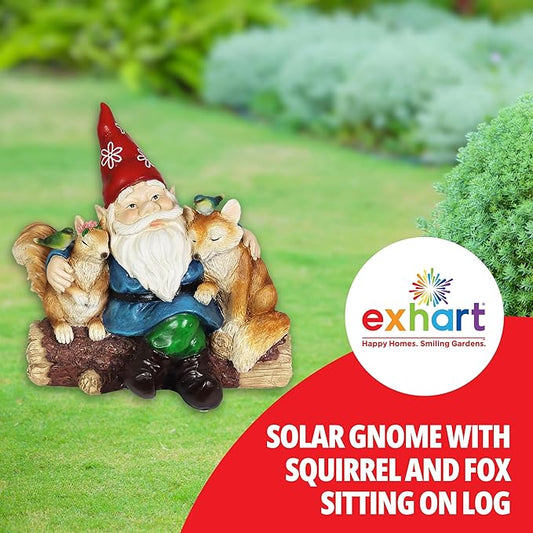 Exhart Garden Gnome, Solar Squirrel and Fox Friends Garden Sculpture, LED Birds, Outdoor Lawn and Yard Decoration, 14 x 8 x 13.5 Inch, Multicolor, Resin