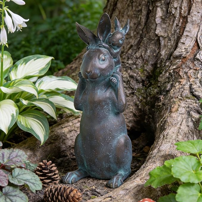 Rabbit Garden Statues Bunny Decorations - Easter Bunny Father with Baby Figurine Easter Gift Dark Gray Garden Spring Bunny Sulpture for Yard Framhouse Outdoor Décor 7*5.25*15.25 in Newman House Studio