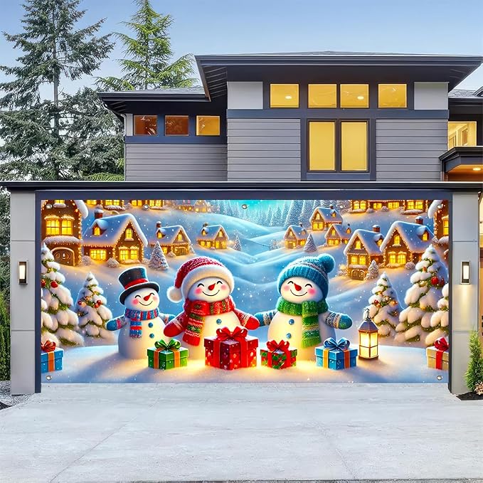 HOMETITUTE Christmas Garage Door Banner 13x6ft Snowman Family Winter Village Scene Holiday Backdrop Red Green Blue Gift Box Lantern Indoor Outdoor Wall Hanging Seasonal Porch Decoration Party