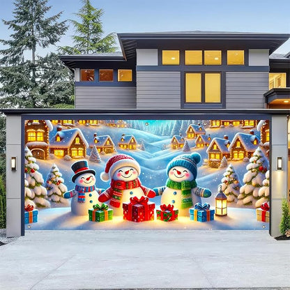 HOMETITUTE Christmas Garage Door Banner 13x6ft Snowman Family Winter Village Scene Holiday Backdrop Red Green Blue Gift Box Lantern Indoor Outdoor Wall Hanging Seasonal Porch Decoration Party